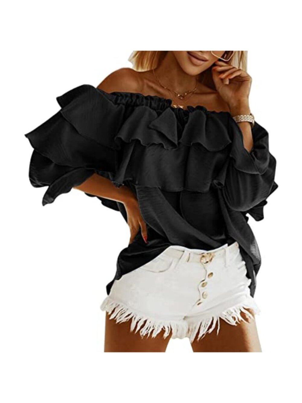 Women Off Shoulder Blouse Layered Ruffle Long Sleeve Ruched Bust Loose Fit Top